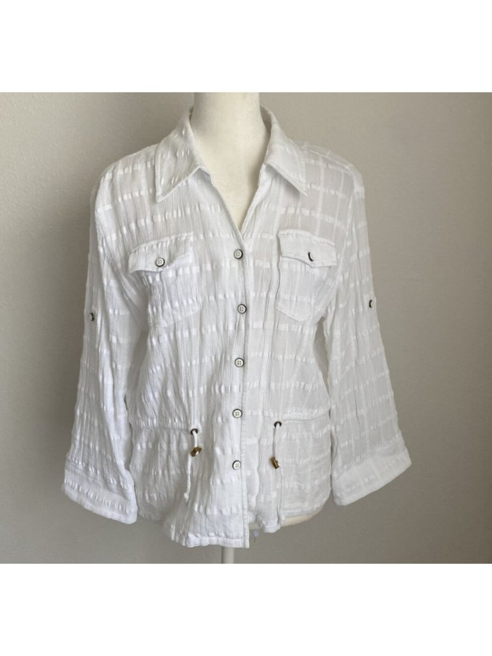 Jones New York Signature Womens Medium White Striped Button Up Collar Top